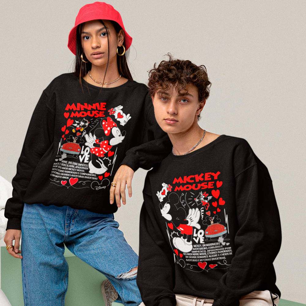 kit Casal Namorados Blusa De Frio Mickey Mouse Minnie Mouse Moletom Algodão Gola Careca