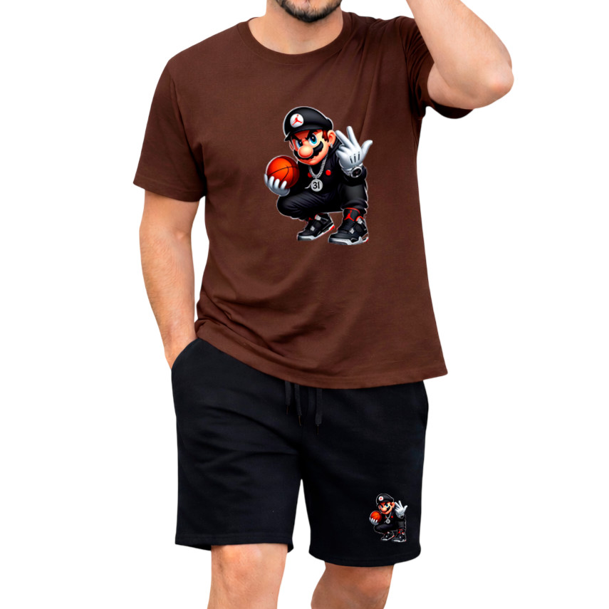 Camiseta Algodão Estampada + Bermuda Tactel Com Estampa DTF mario Desenho
