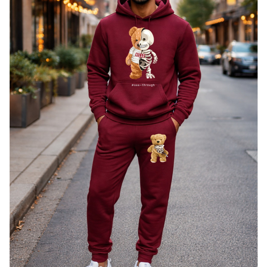 Moletom Conjunto Agasalho Ursinho Esqueleto Tecido 100% Algodão Flanelado Inverno 2026 Estiloso E Confortável