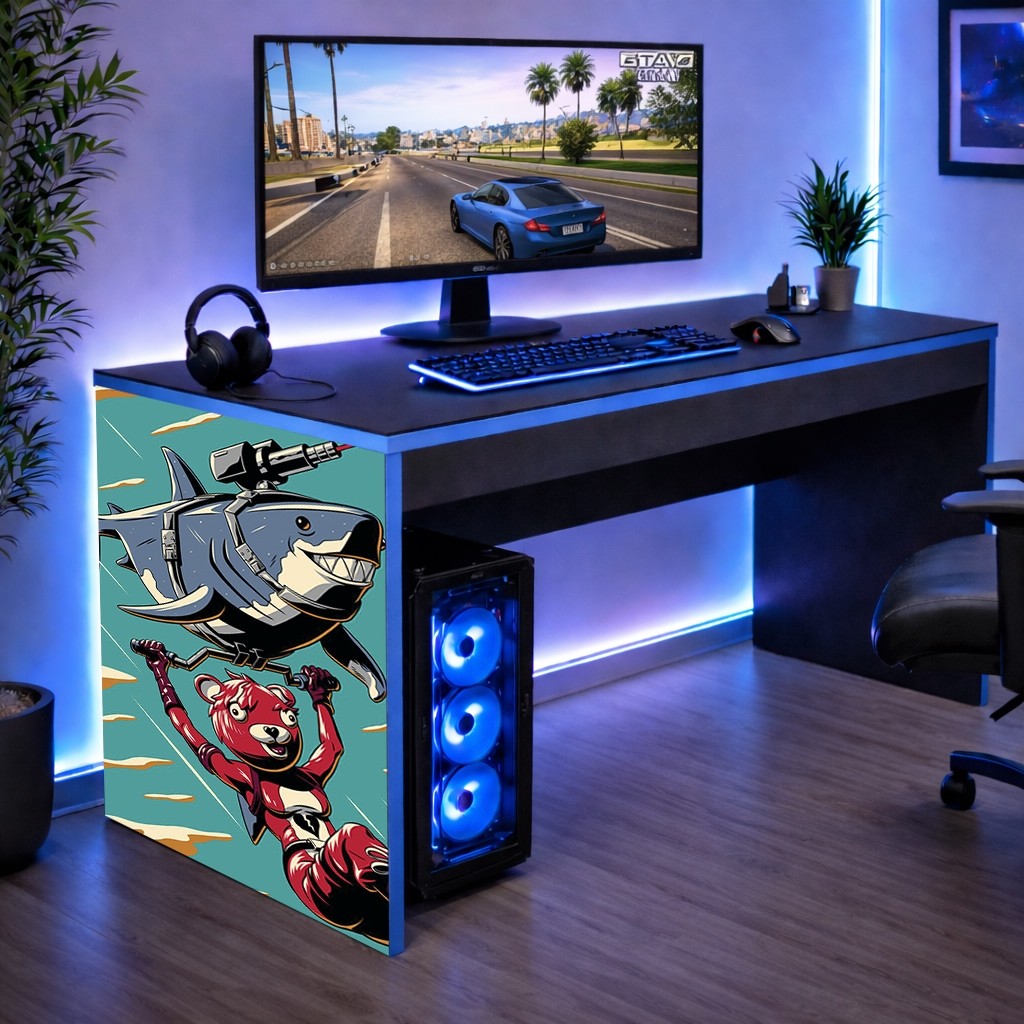 Mesa Gamer Escrivaninha para Quartocom Borda Azul Batle Royale Fortnite Fort Nite 90 CM Oferta Achadinho