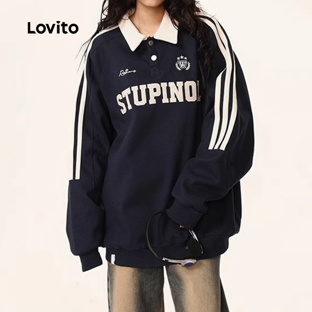 Lovito Moletom Preppy Vermelho Para Festa Casual Simples Outono/inverno Azul Para Mulheres LNA130019 em Oferta na Shopee