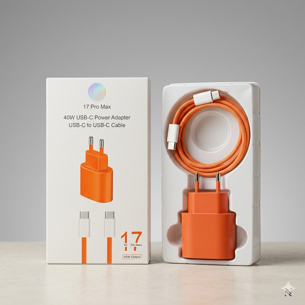 Kit Carregador Fonte e Cabo iPhone Turbo Power 40W 15 / 16 / 17 Laranja Premium