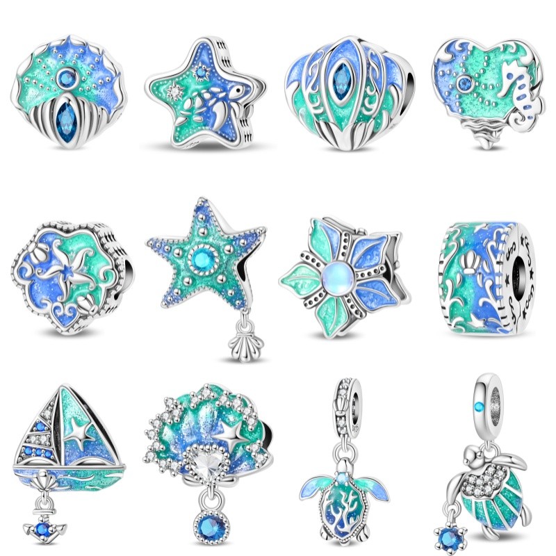 Pulseira pulseira pingente S925 prata esterlina azul luminoso charme estrela tartaruga concha compatível pulseira presen
