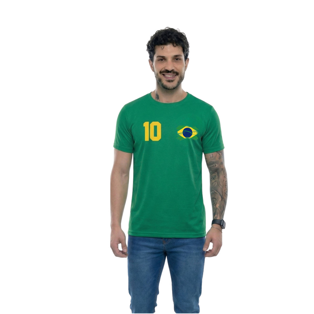 Camiseta manga curta do Brasil Masculina Torcedor Patriota Bandeira do Brasil numero 10