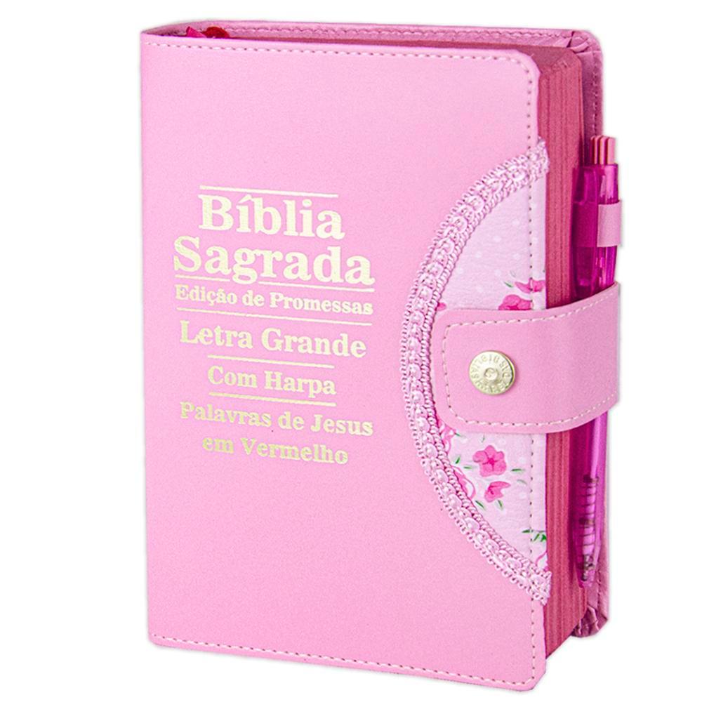 Bíblia Sagrada Letra Grande - Rosa - Botão e Caneta Revista e Corrigida C/ Harpa em Oferta na Shopee
