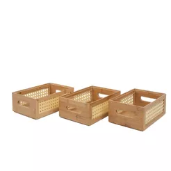 Kit 3 Caixas Organizadoras Empilháveis de Bambu E Palhinha 2 de 24cm E 1 de 22cm - Oikos