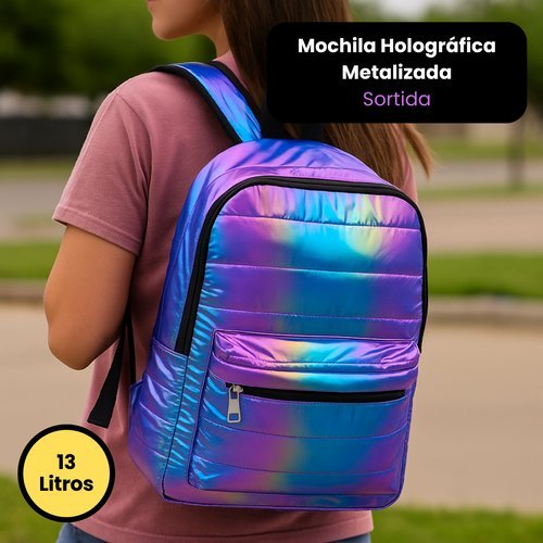Mochila Holografica Metalica Brilho Vibrante Estilo Futurista Uso Escolar Diario