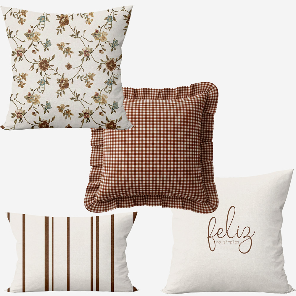 Kit 4 Capas de Almofadas Farmhouse Floral & Xadrez Marrom Babado + Baguete Listrada