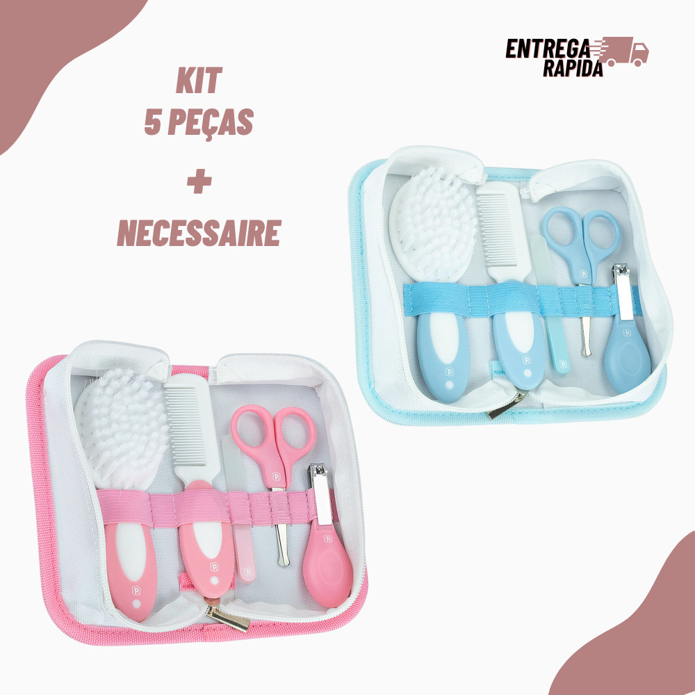 Kit Higiene Bebê Pimpolho 5 Peças com Necessaire Primeiros Cuidados do Recém Nascido Rosa ou Azul