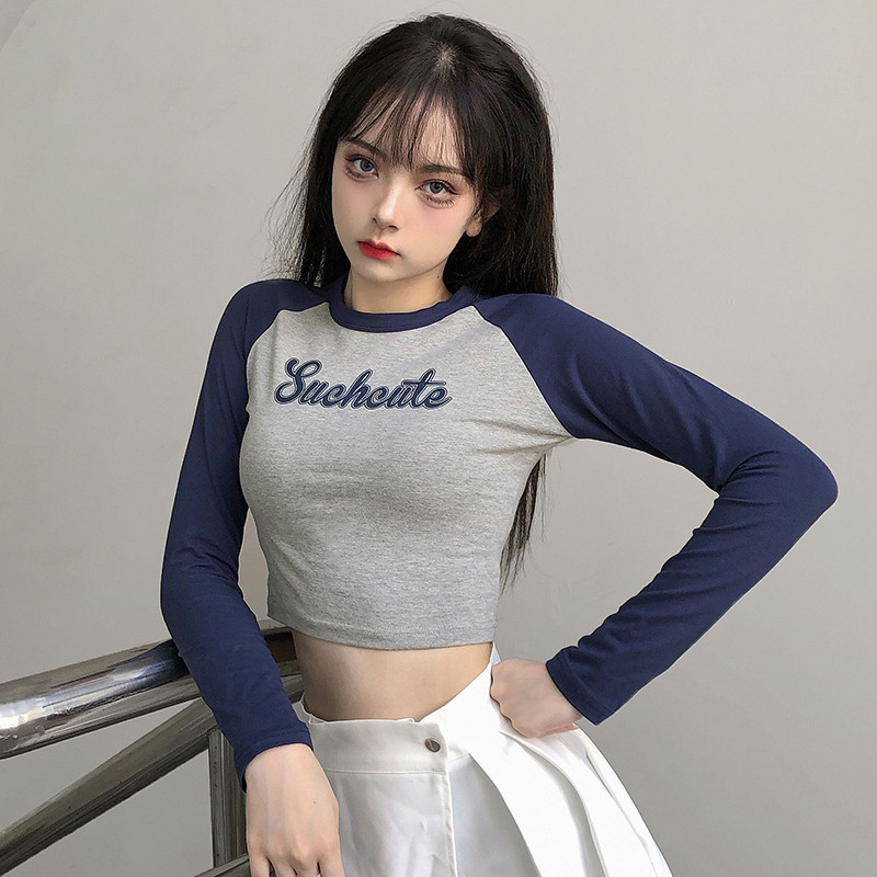 Europeu americano ins novo estilo contraste cor Raglan costura impressa em torno do pescoço de manga comprida camiseta f