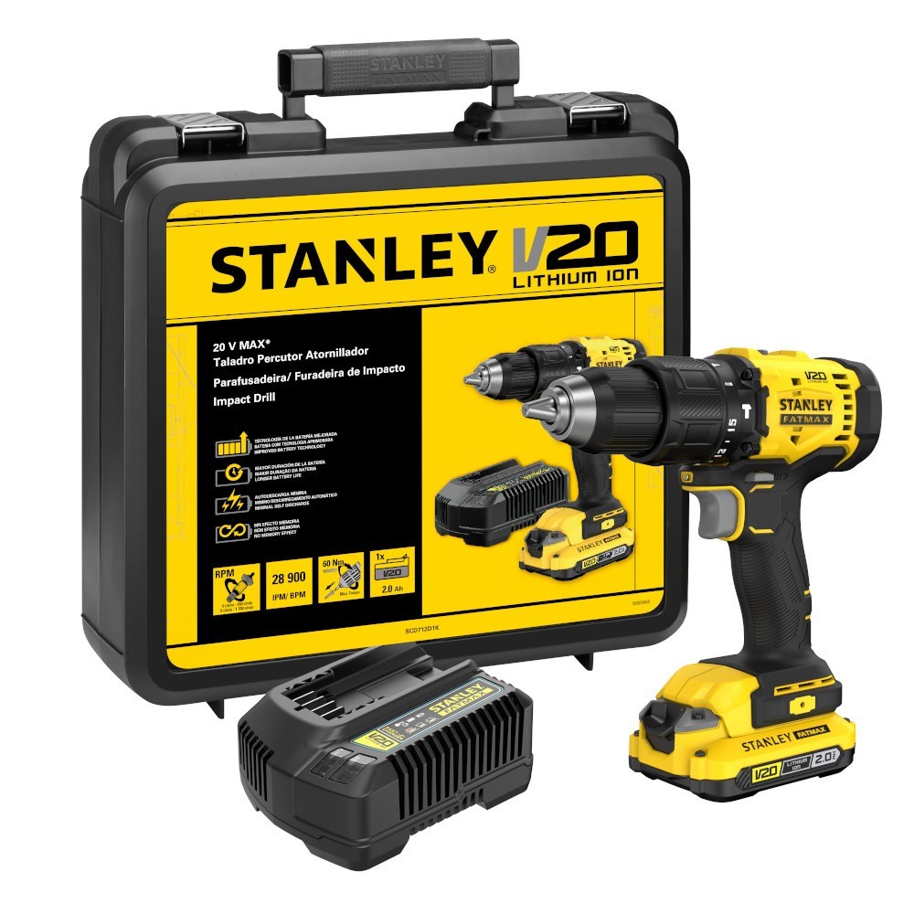 Furadeira parafusadeira de impacto a bateria 1/2" 20V 2Ah com bateria e maleta - SCD712D1K - Stanley