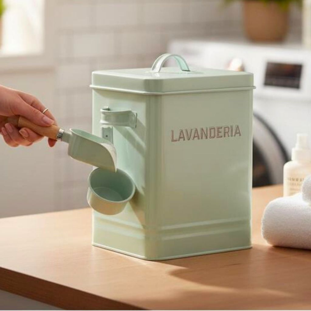 Lata Lavanderia Pote Porta Sabão Organizador Com Medidor Sabão em Oferta na Shopee