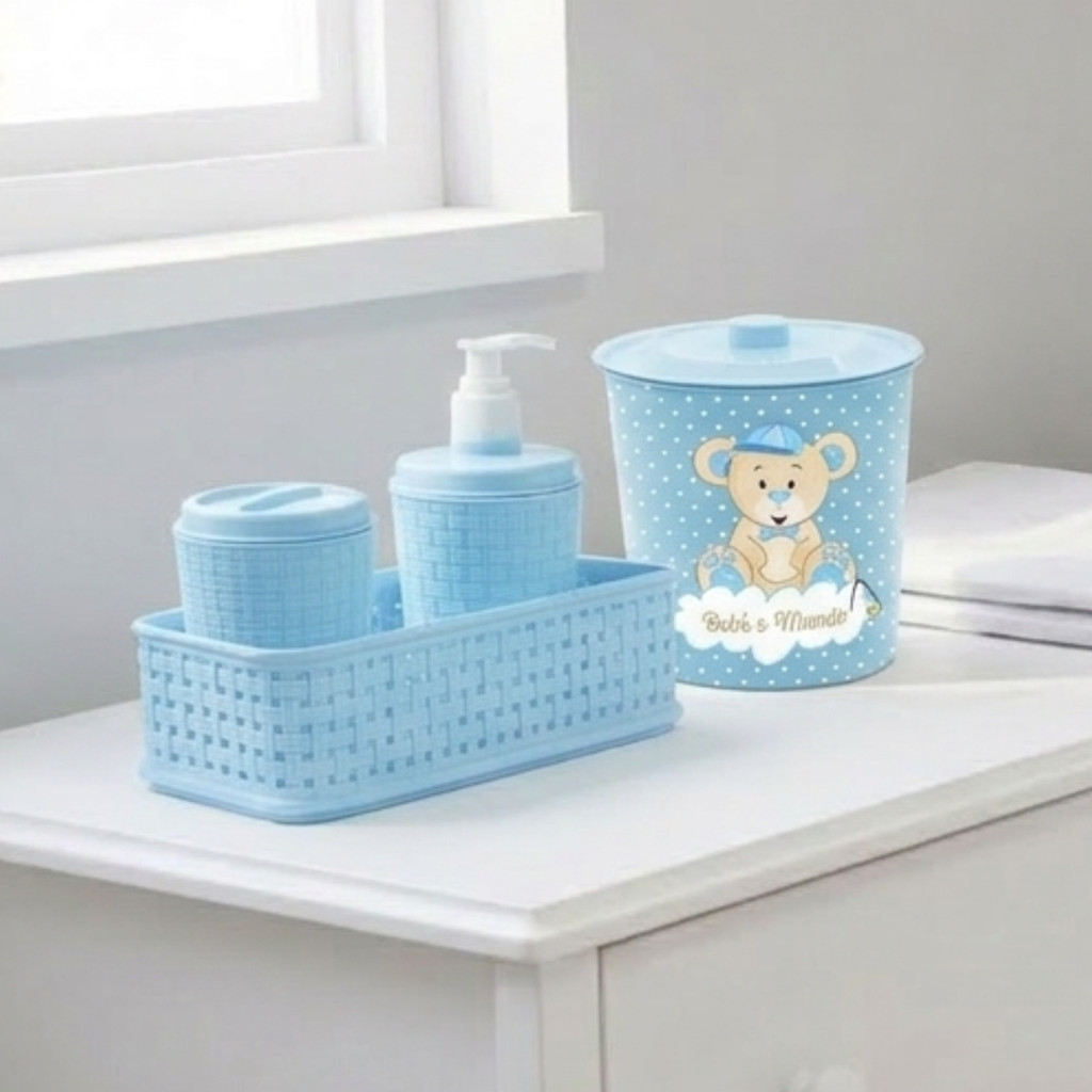 Kit Porta Algodão 3 Peças Higiene + Lixeira Ursinho 3l Menino Azul
