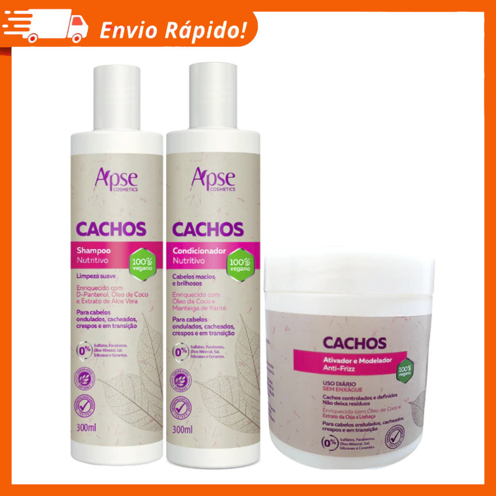 Kit Apse 3 itens Shampoo, Condicionador e Ativador Modelador Creme de Pentear CACHOS – Apice