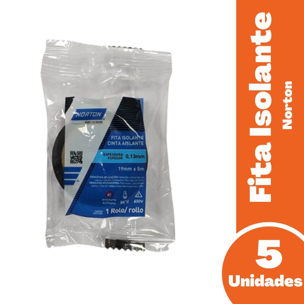 Kit 5 Fitas Isolante Norton Classic 19mm X 5m Importada - Embalagem Preto
