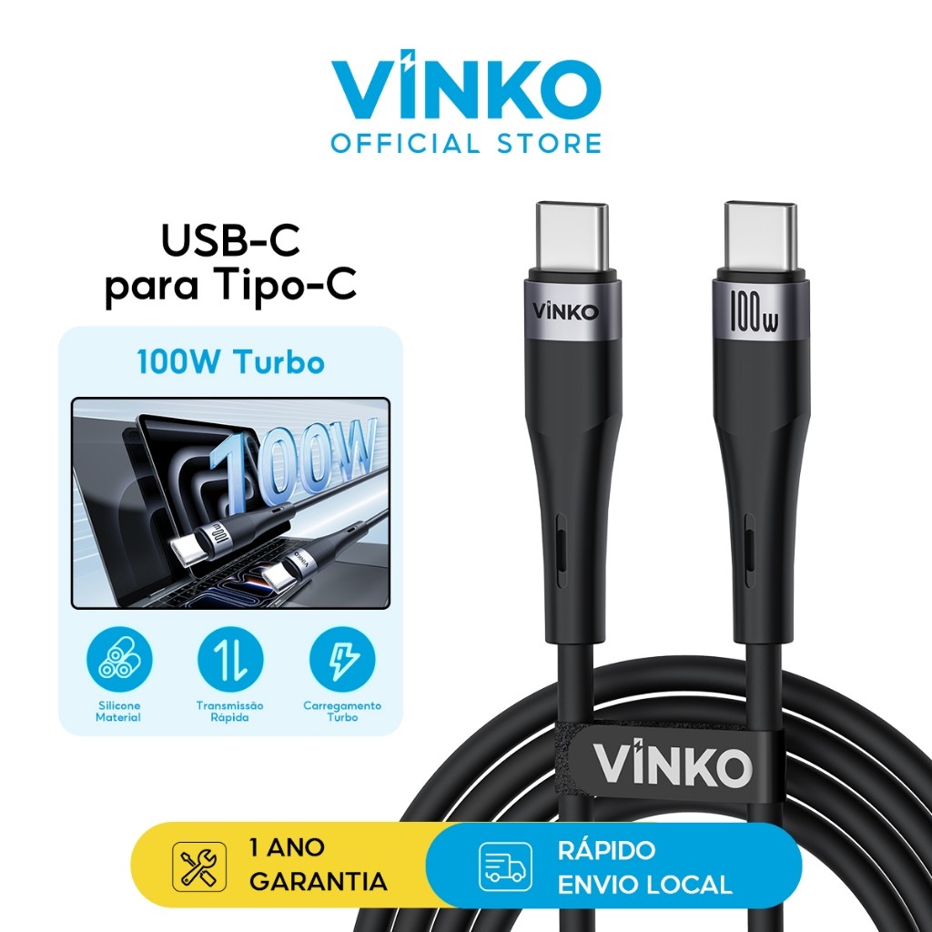 Vinko Cabo Usb-c Pra Tipo-c Turbo 100w 1,2m Celular/notebook Preto Transmissão 480Mbp/s