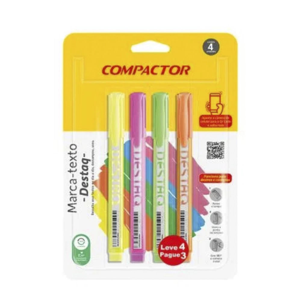 Marcador De Texto Destaq Neon 4 Cores 2717659 Compactor em Oferta na Shopee