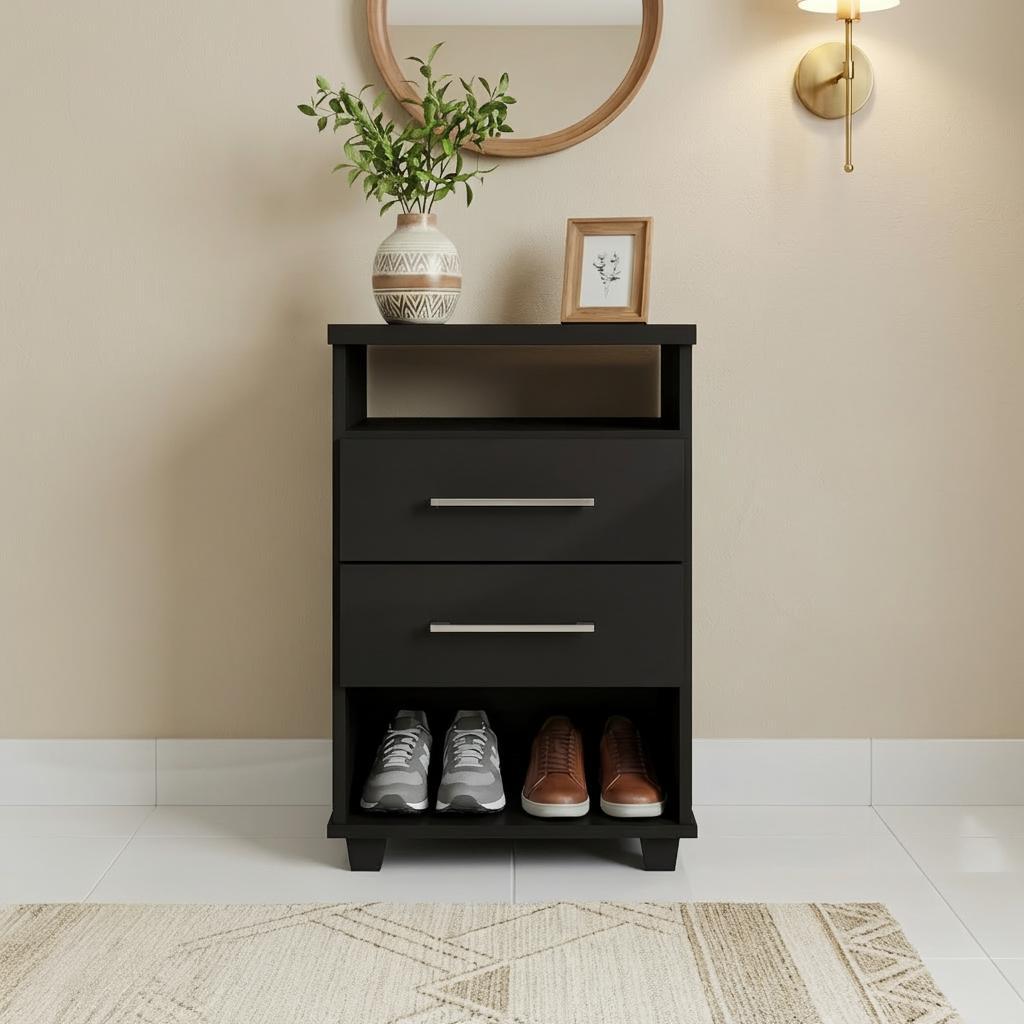 Mini Cômoda com 2 Nichos Multiuso e 2 Gavetas Preto Repleta