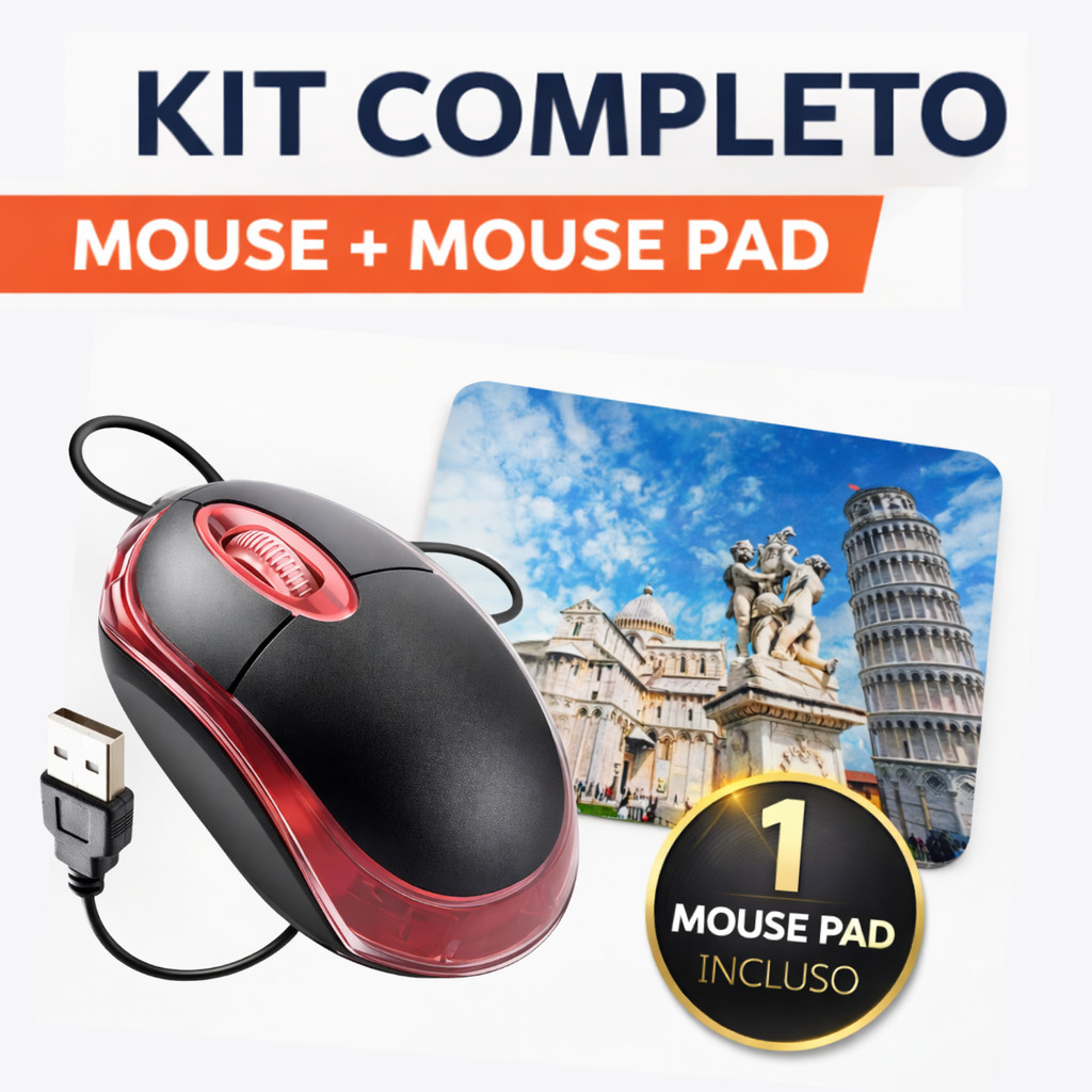 Kit Mouse USB 1000 DPI com Fio + 1 Mouse Pad Estampado - Antiderrapante PC Notebook - Alta Qualidade