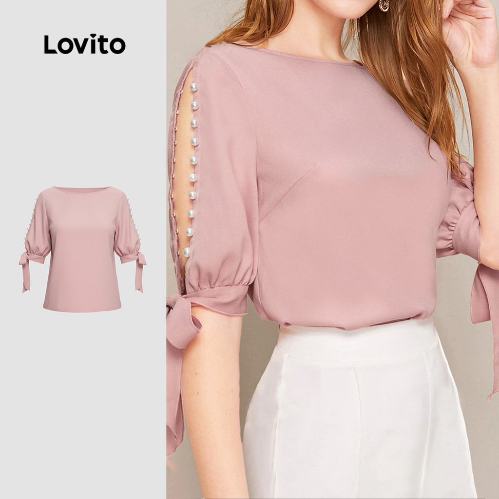 Lovito Blusa Casual oca pérolas rendas primavera/verão blusa rosa para mulheres LK3ED1723