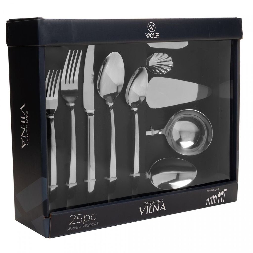 Faqueiro Wolff Viena 25 Peças em Aço Inox com Concha e Espátulas – Elegância e Durabilidade