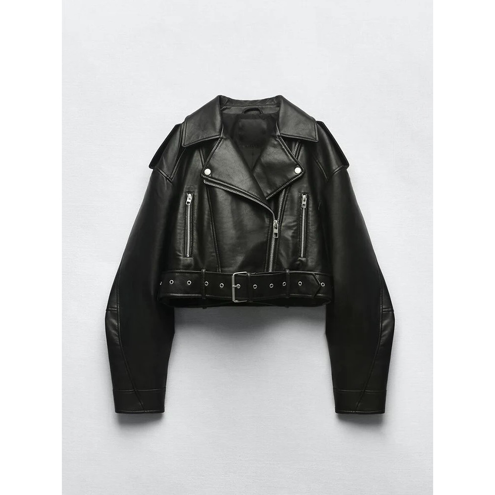 Ailegogo Primavera Outono Feminino Falso Couro Do Plutônio Jaqueta Curta Com Cinto Motocicleta Motociclista Zíper Lapela