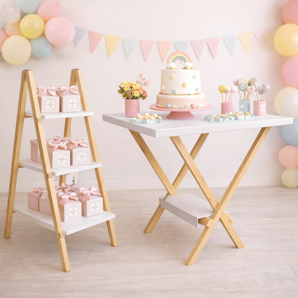 Kit Festa Mesa Cavalete Grande + Escadinha 3 Degraus MDF Pinus Decoração Aniversário