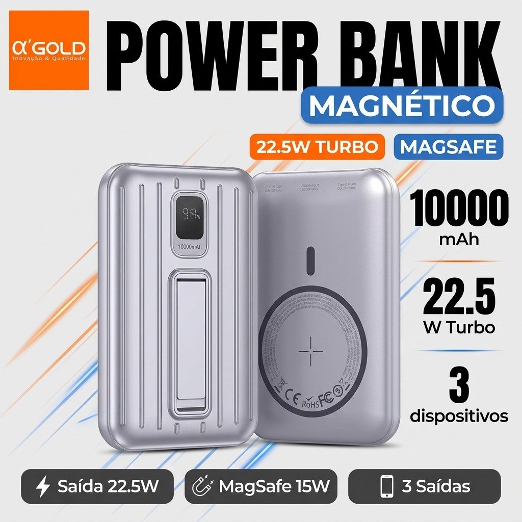 Power Bank Magnético 10000mAh MagSafe Sem Fio 22.5W Turbo iPhone Android Carregador Portátil
