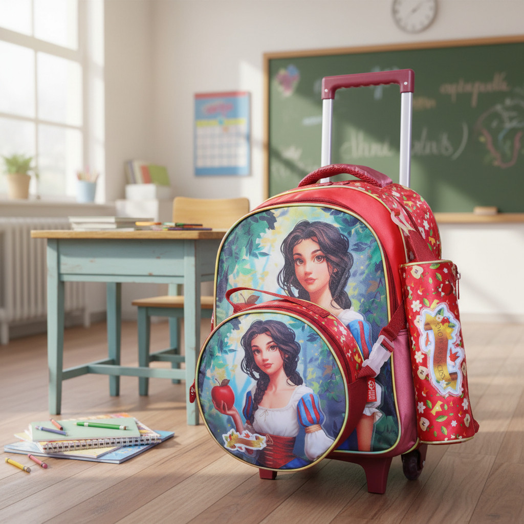 Kit Mochila De Rodinha Lancheira Estojo Escolar Grande Branca de Neve