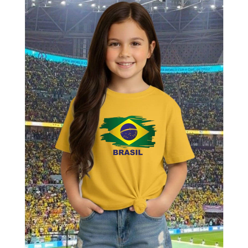 Blusa Infantil Menina Brasil HEXA em algodão Seleção Brasileira Copa Mundo 2 ao 14