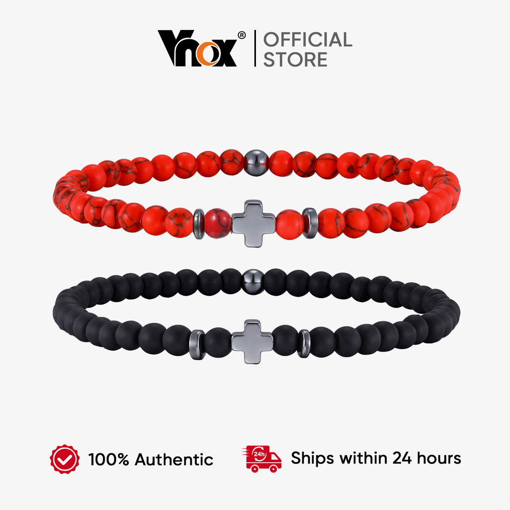 Pulseira Elástica Com Contas Cruzadas Vnox Para Homens E Mulheres , Moderna Vermelhas Preta , Presente De Fé Da Igreja