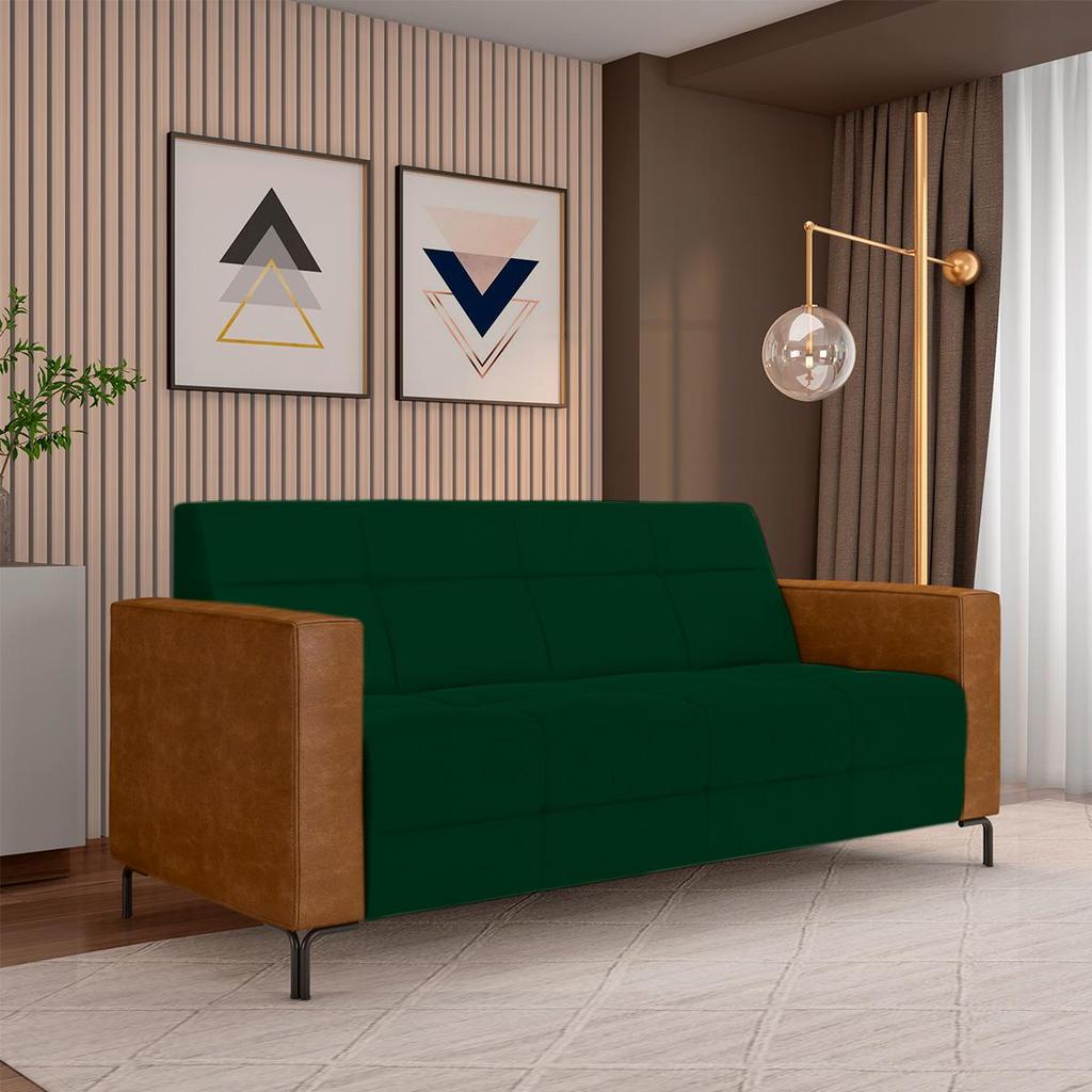 Imagem Sofá Living Decorativo Houston 2 Lugares 180cm Pés em Metal Veludo/ PU Verde/ Caramelo G33 - Gran Belo