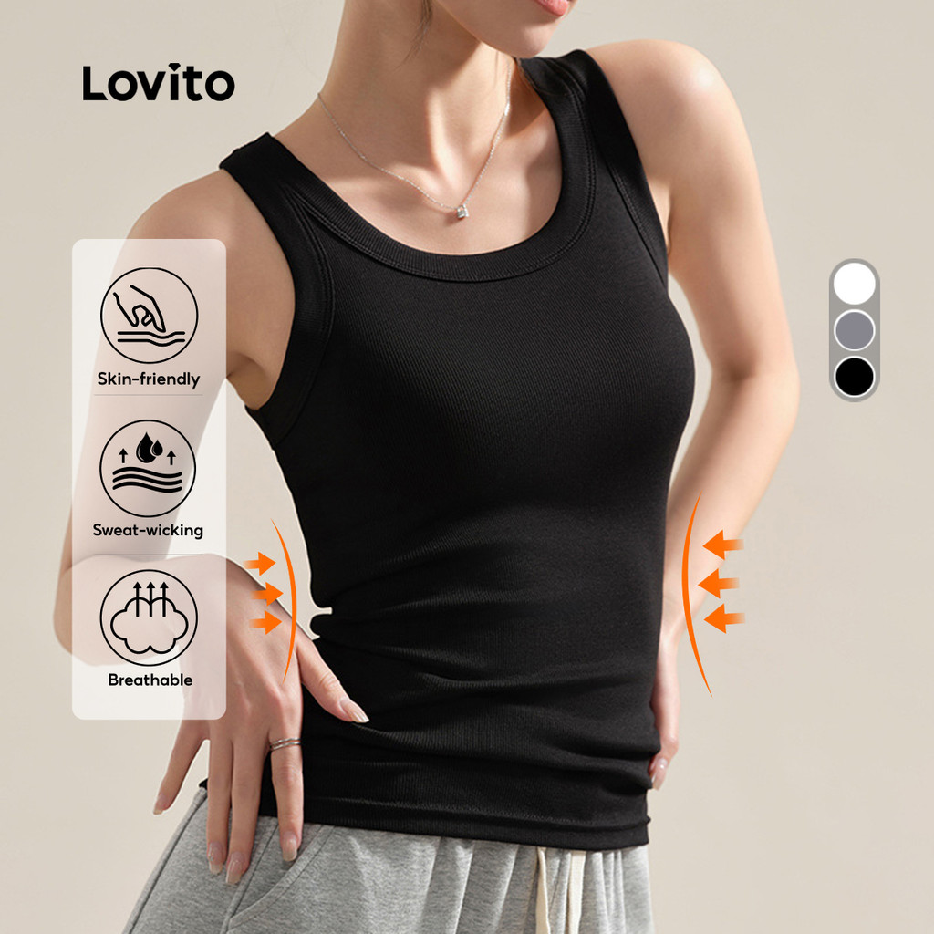 Lovito Regata Esportiva Elástico 4 Vias Costela Sem Costura Corrida Yoga Preto Mulheres LNA133036 em Oferta na Shopee