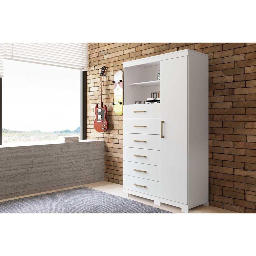 Cômoda de Quarto Marabá 1.6 c/ 1 Porta 2 Nichos e 6 Gavetas c/ Pés Branco - Santos Andirá em Oferta na Shopee
