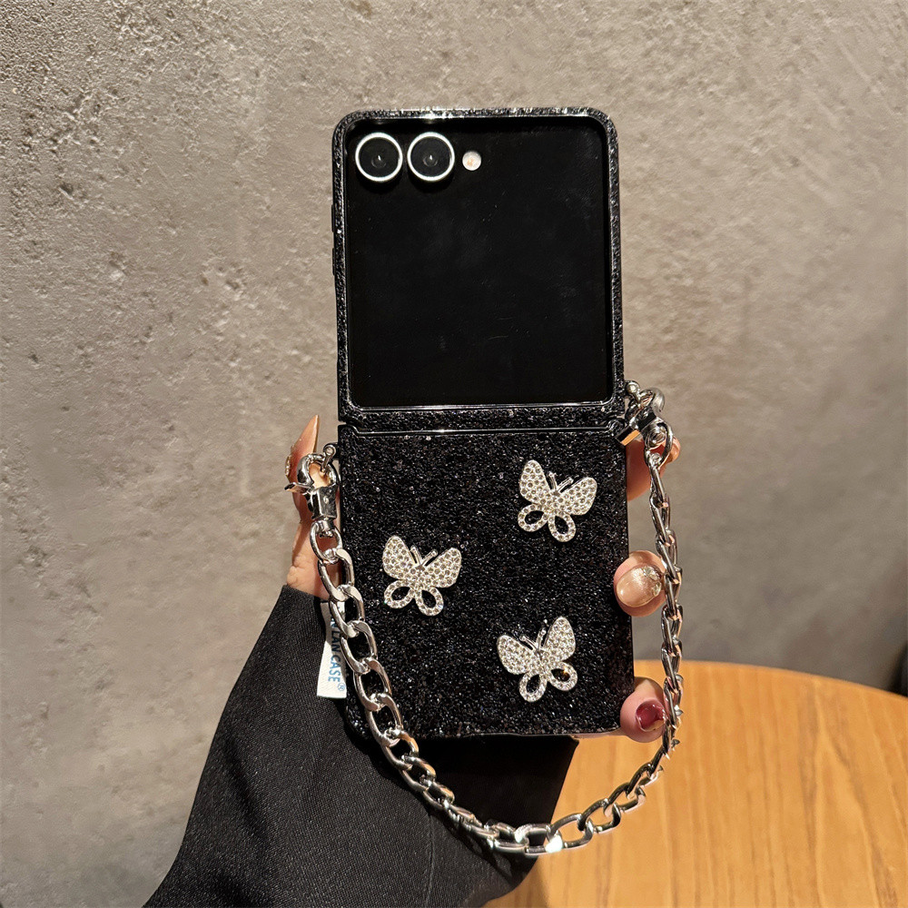 Glitter 3D Butterfly Stars Bow Loveheart Diamond Hard Case Para Samsung Galaxy Z Flip 7 FE 6 5 4 3 Com Pulseira Capa Tra