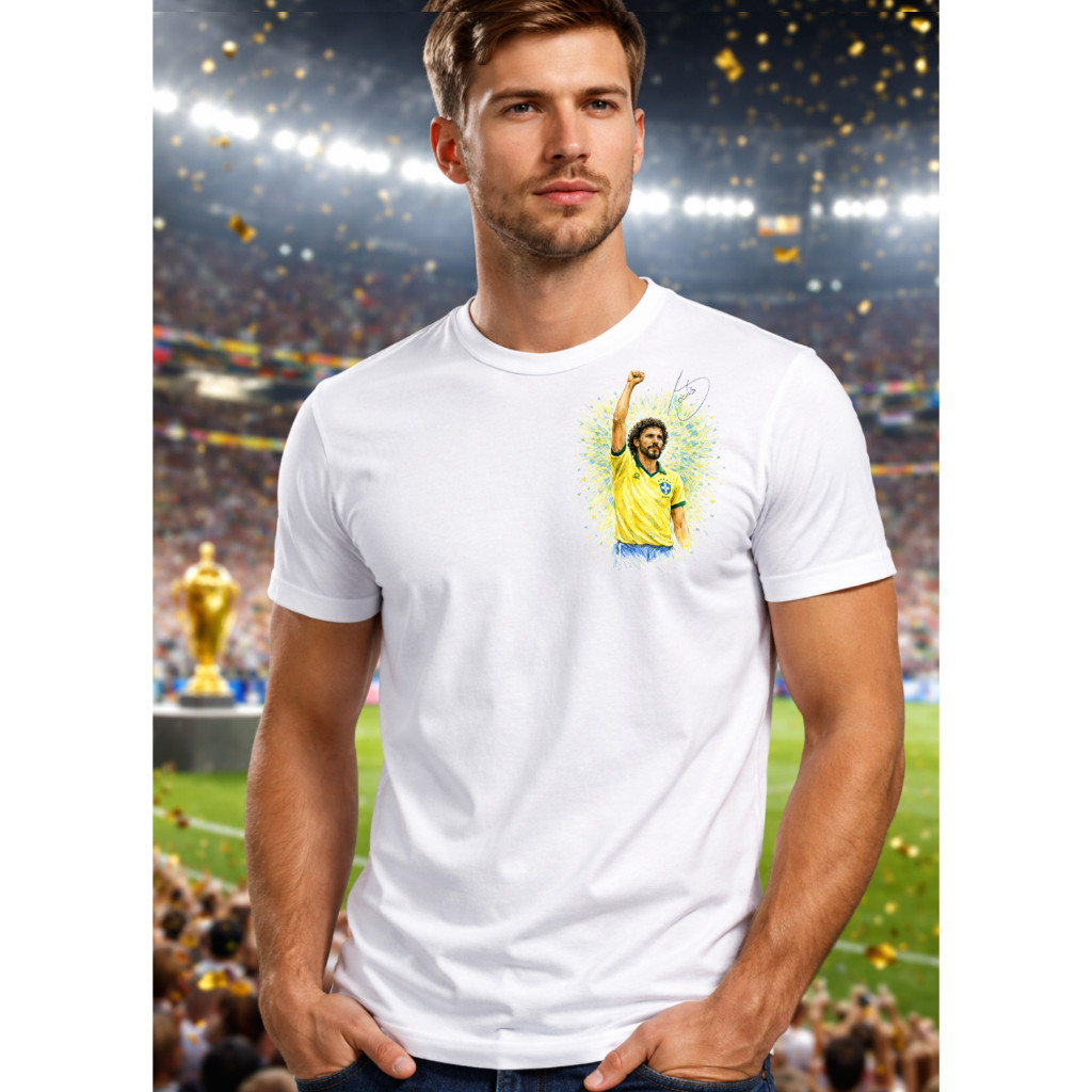 Camiseta 100% Algodão Copa Do Mundo 1986 Sócrates Brasil Seleção Fãs De Futebol Jogador Icônico Estampa Artística
