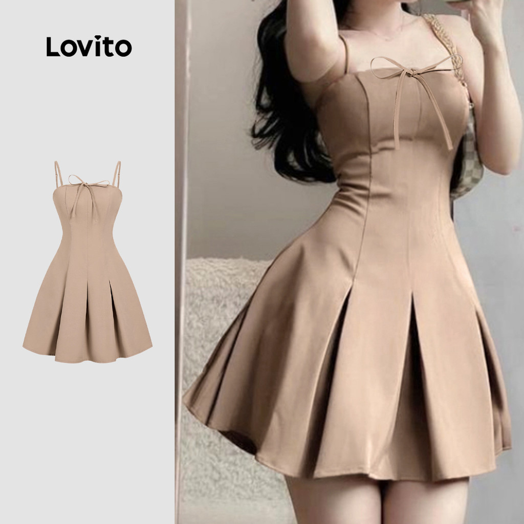 Lovito Vestido Elegante com Pregas Laço Na Frente para Deslocamento Primavera/verão Vestido Caqui L155ED1935 em Oferta na Shopee