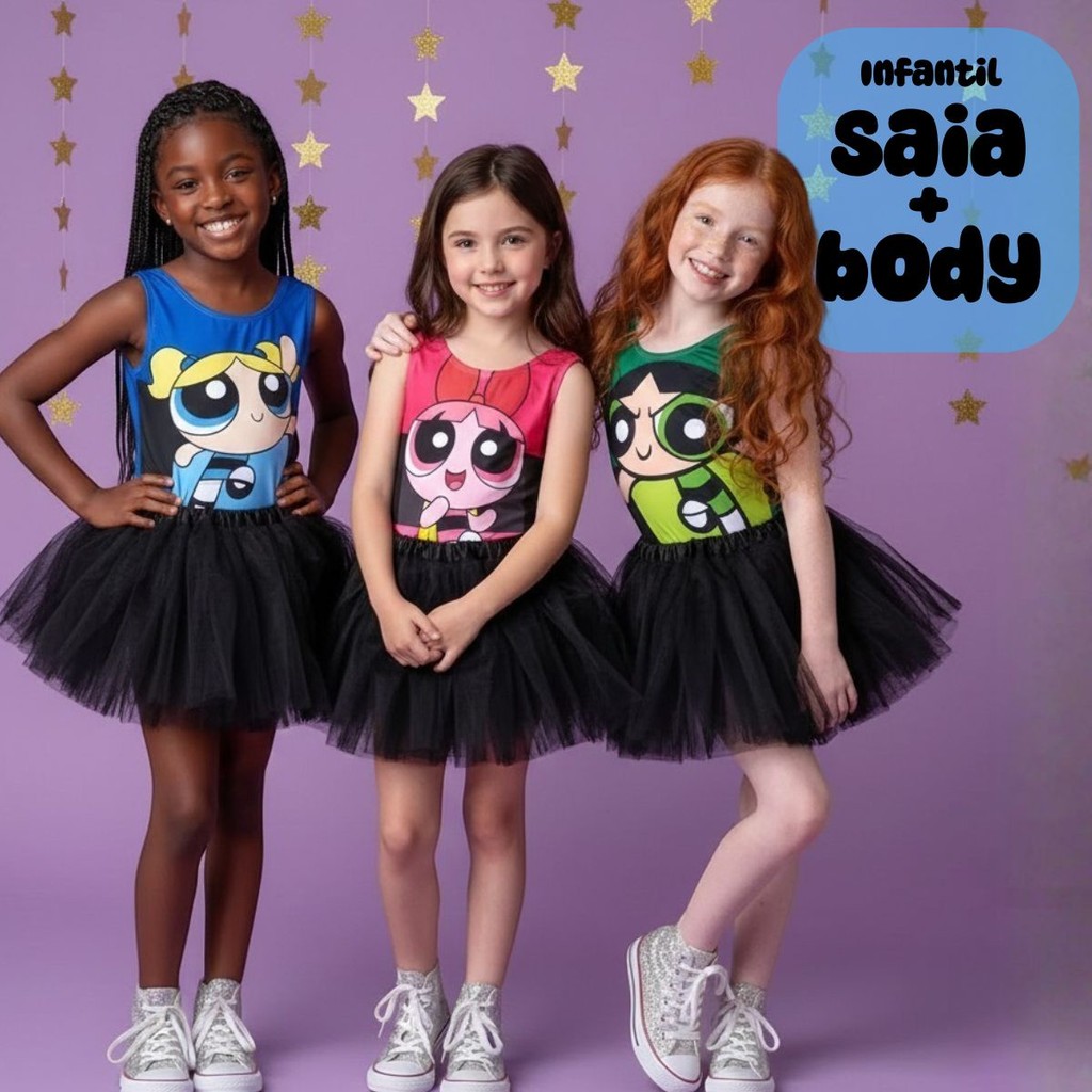 Kit 3 Conjuntos de Body Collant Infantil Meninas Super Poderosas e Saia de Tule
