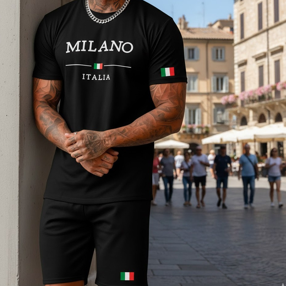 Conjunto Camiseta + Short Moletinho Estampado Milano Itália Street Camiseta Malha Linha Premium