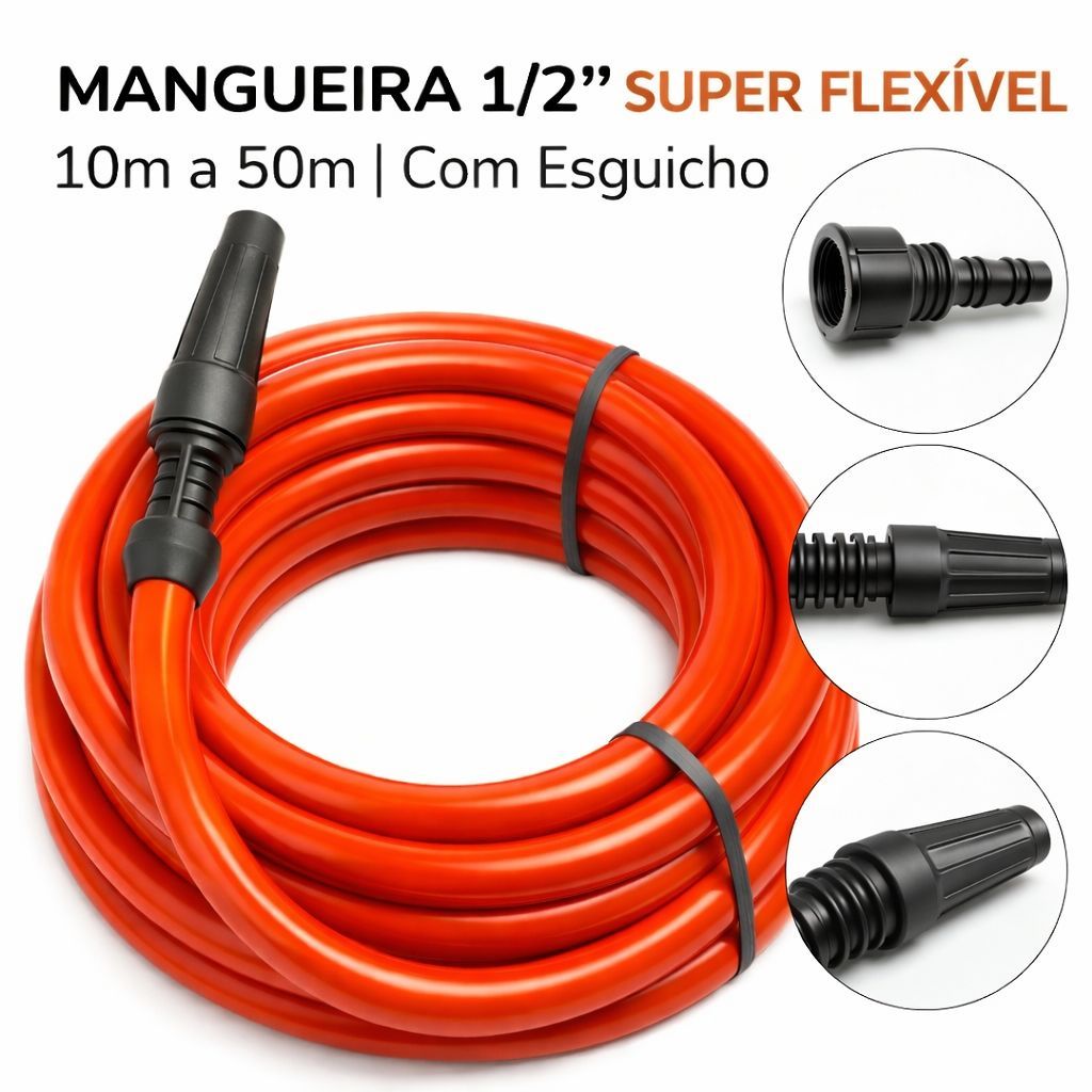 Mangueira Jardim 1/2 Silicone Flexível Reforçada 10 a 50m com Esguicho Alta Resistência