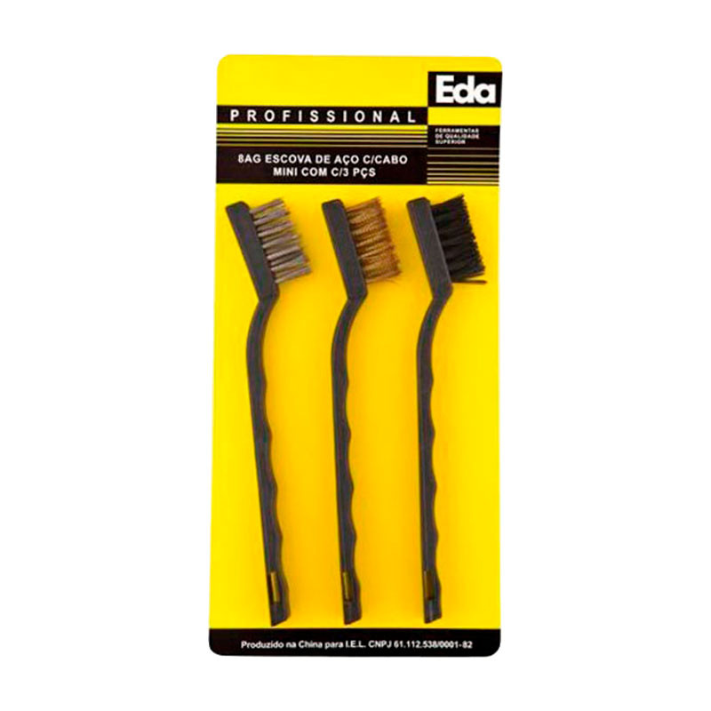 Escova de Aço Mini com 3unid. Com Cabo Uso Geral Alta Qualidade EDA Resistente Multiuso Ferramenta