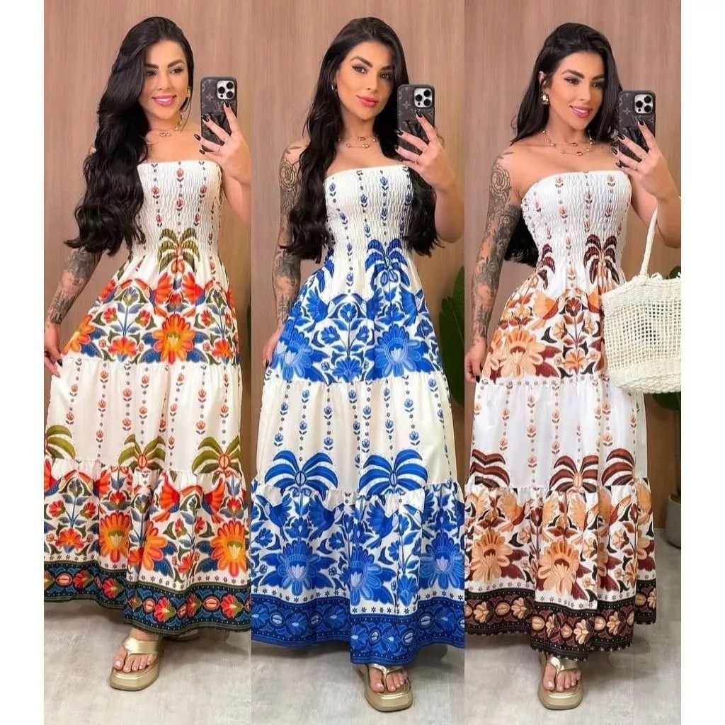 Vestido Tropical Longo Tomara que Caia Estampado Verão Moda Feminina 2026 ENTREGA RAPIDA