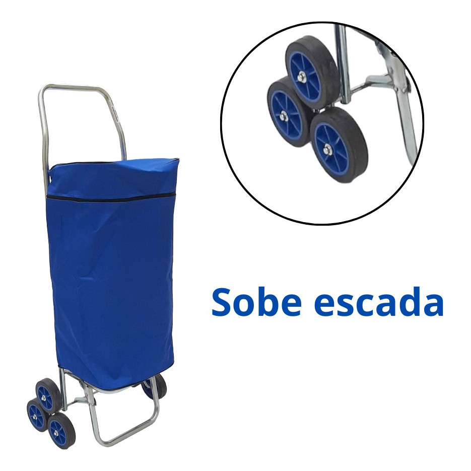 Carrinho De Mão Bagageiro Dobrável Sobe Escada 6 Rodas com Sacola feira Mercado