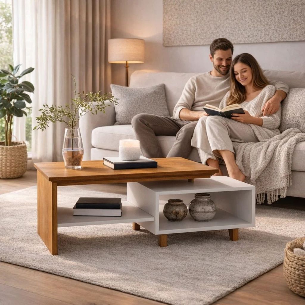 Mesa Centro Sala Luxo Tampo Duplo Balanço Compacta Pés Madeira Maciça Estilo Contemporâneo
