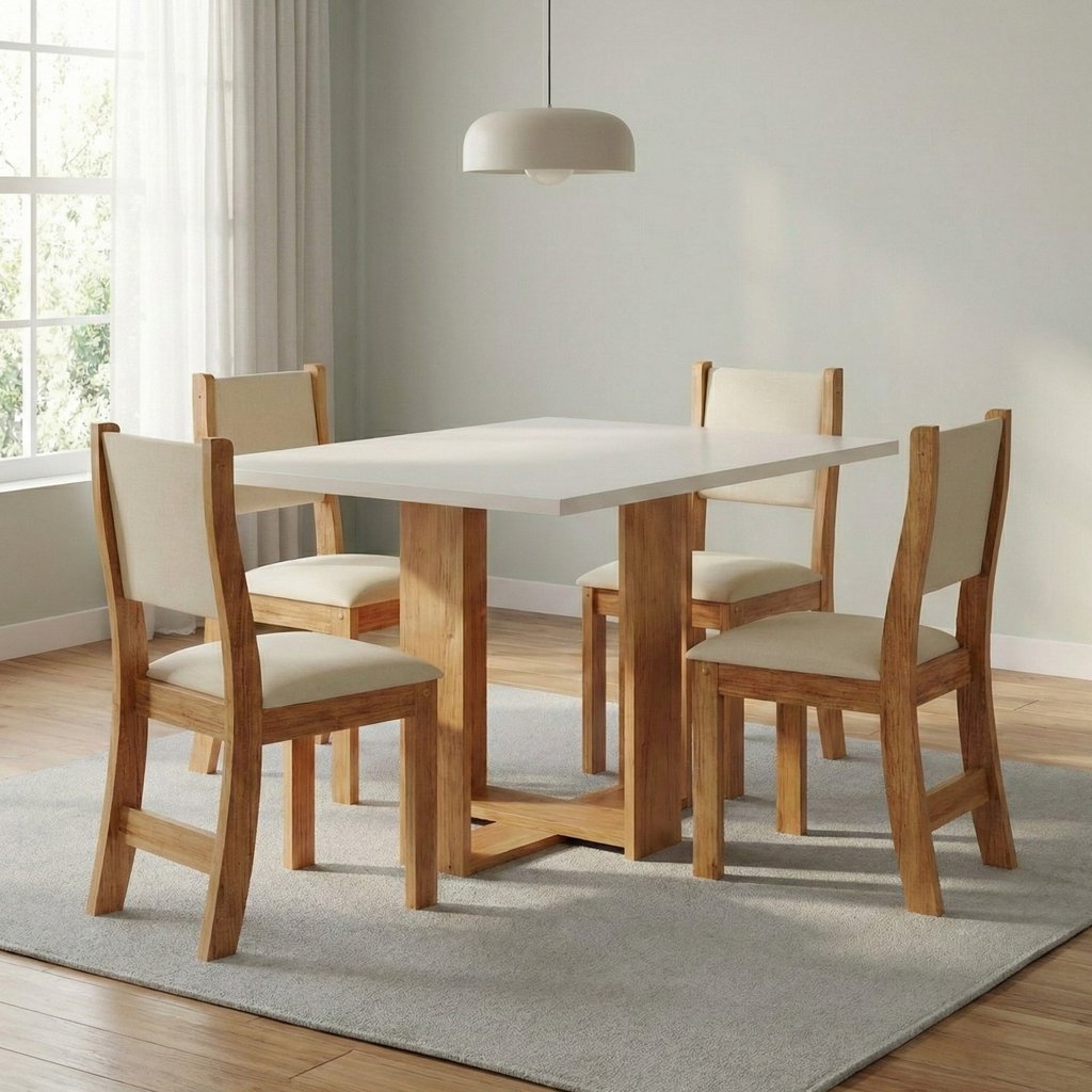 Conjunto Sala de Jantar Mesa Retangular 120x80cm 4 Cadeiras Estofadas Bege Mel/Blonde/Bege em Oferta na Shopee