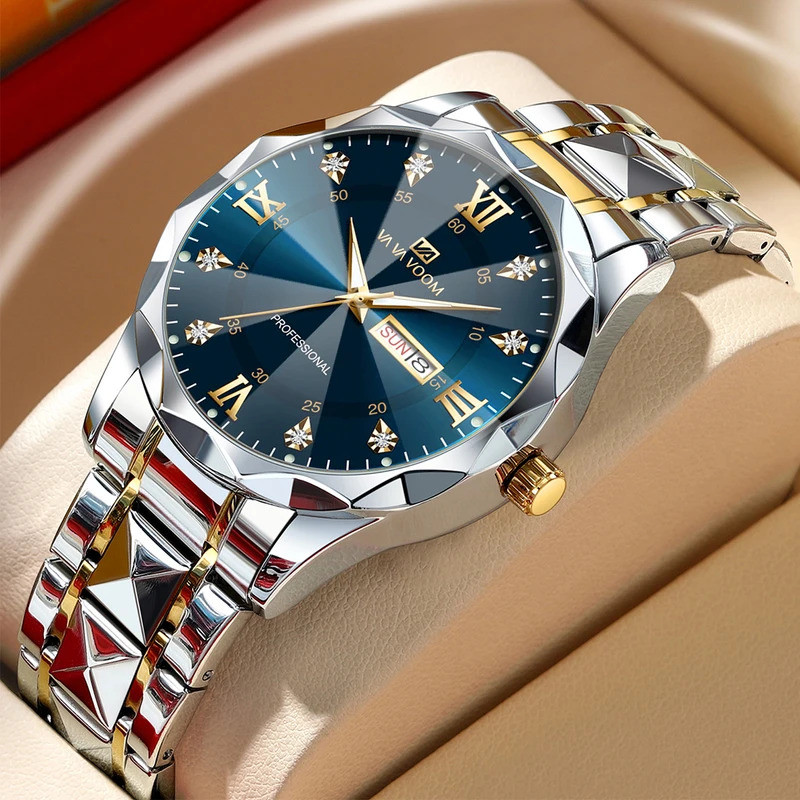 Relógio Masculino Água Diamante Luxo Brilho Noturno Calendário Duplo Movimento Quartzo 41mm Azul Ouro Aço Inoxidável Rel
