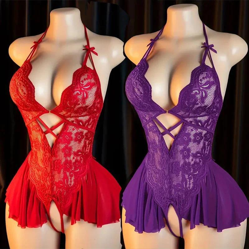 Transparente transparente vermelho mulher aberta collants Crotchless Sexy tentação adulto roupa interior corpo erótico t