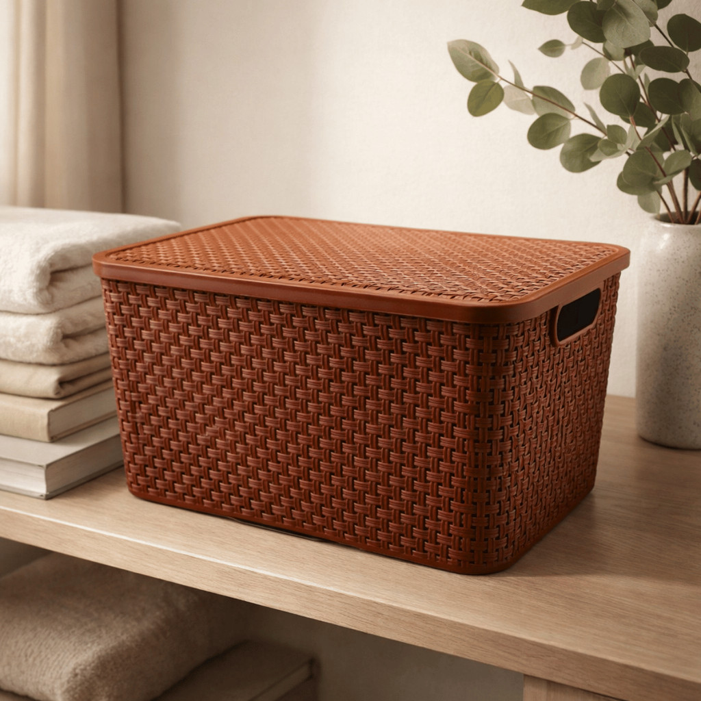 Caixa Organizadora Rattan 7L Marrom Café Tampa Trava - ARQPLAST / Cesto Container Plástico 7 Litros