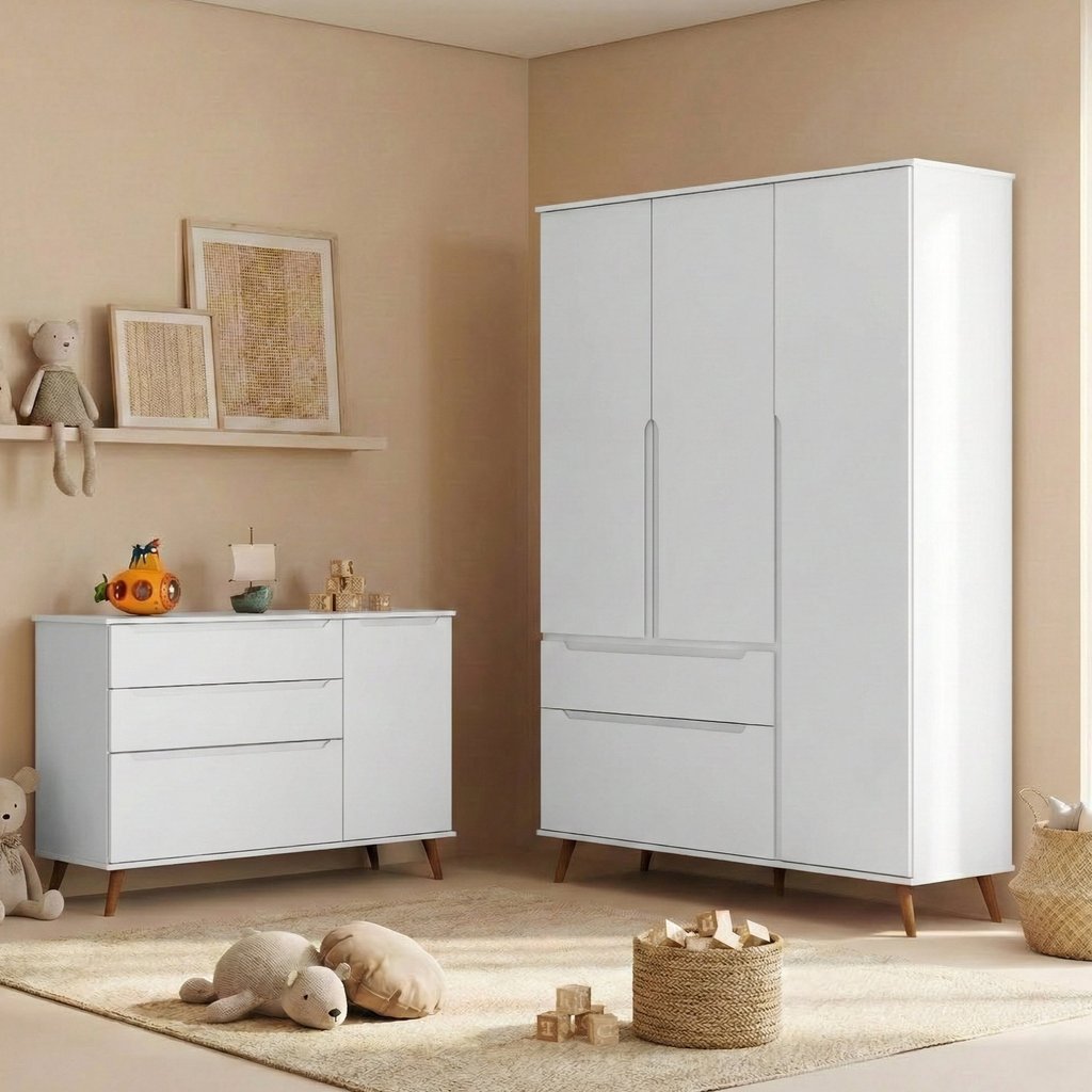 Quarto Infantil Guarda-Roupa 3 Portas e Cômoda 3 Gavetas Retrô  100% MDF Melinda Branco Branco em Oferta na Shopee