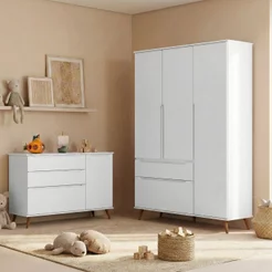 Quarto Infantil Guarda-Roupa 3 Portas e Cômoda 3 Gavetas Retrô 100% MDF Melinda Branco Branco
